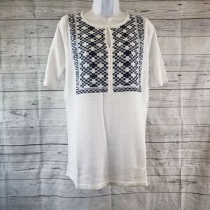 J. JILL sz medium blue embroidered linen blend blouse shirt WT125